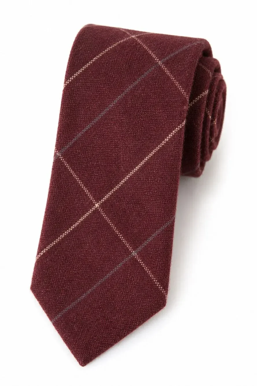 John Henry Pure Scottish Wool Tie – Burgundy Windowpane Plaid – Woven in England